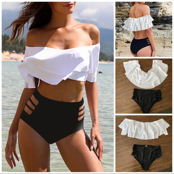 2 Piece New Swimsuit High Waist Bottoms/Ruffle Top Black White Bikini S - Picture 13 of 13